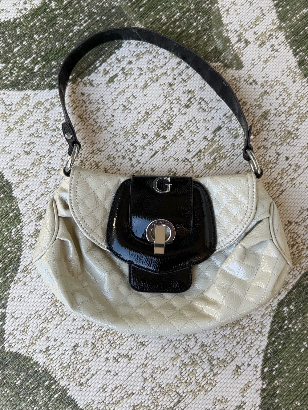 Guess Vintage Cream Quilted Shoulder Bag with Black Patent Flap & Handle
